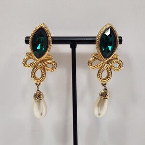 NWT Vintage Swarovski Green Crystal/Faux Pearl Drop Dangle Pierced Earrings